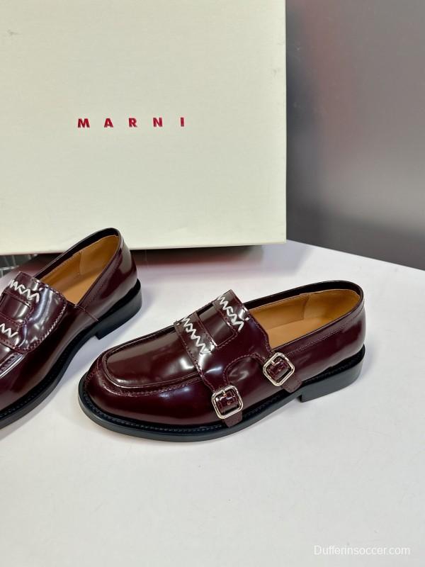 2025 Women Marni Burgundy Leather Loafers KFY00320