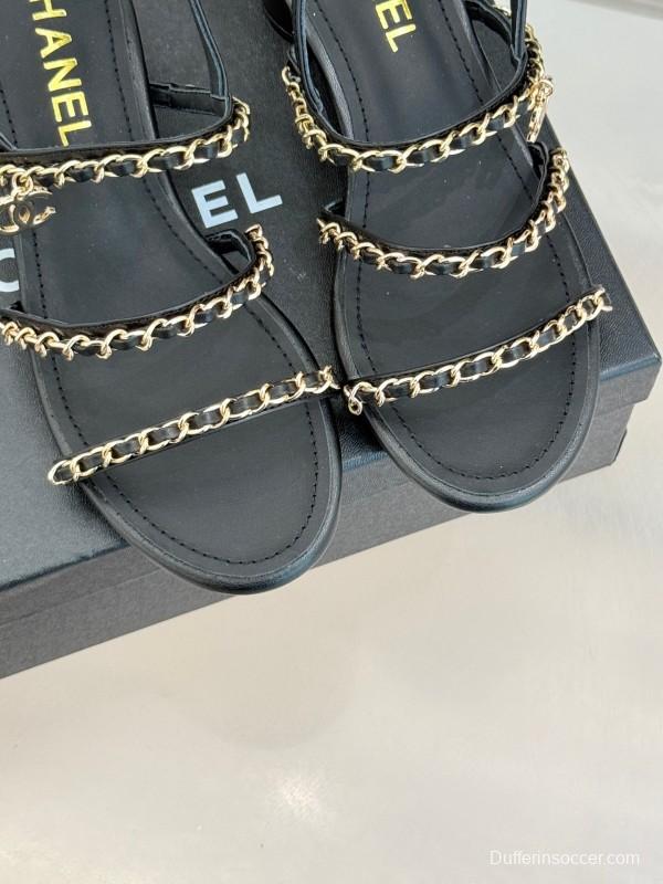 2025 Women Chanel Black Leather Sandals Chain KFY00270