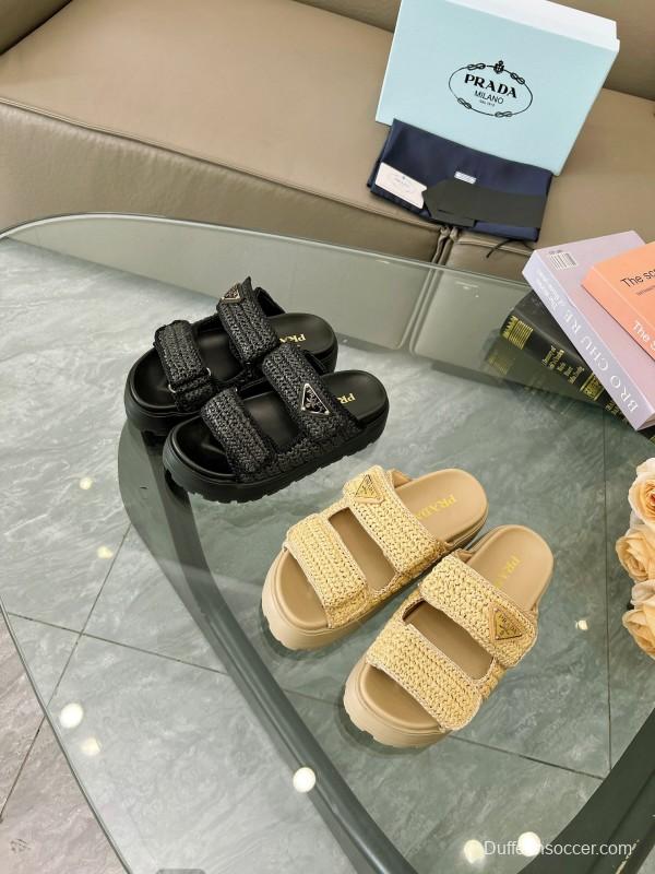 2025 Prada Beige Raffia Slippers LY00290