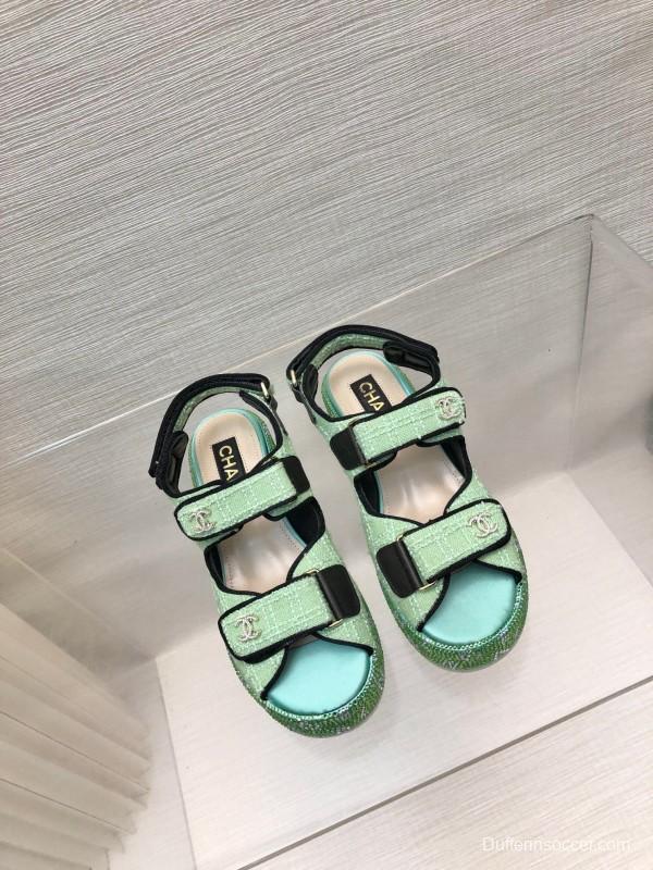 2025 Slippers Chanel Mint Green Textile Platform Sandals LY00330