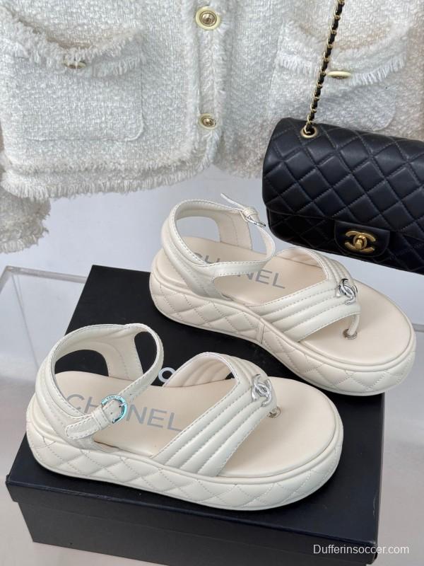 2025 Women Chanel White Leather Sandals
