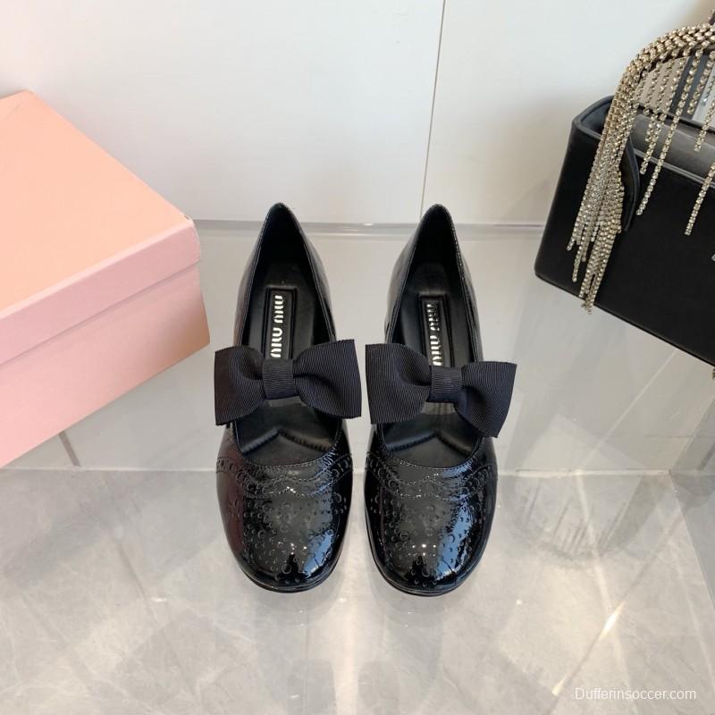 2025 Women Miu Miu Black Patent Leather Mary Jane Bow KFY00280