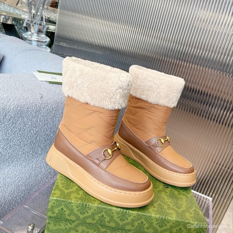 2024 Women Gucci Brown Tan Leather Shearling Lined Snow Boots MJ00420