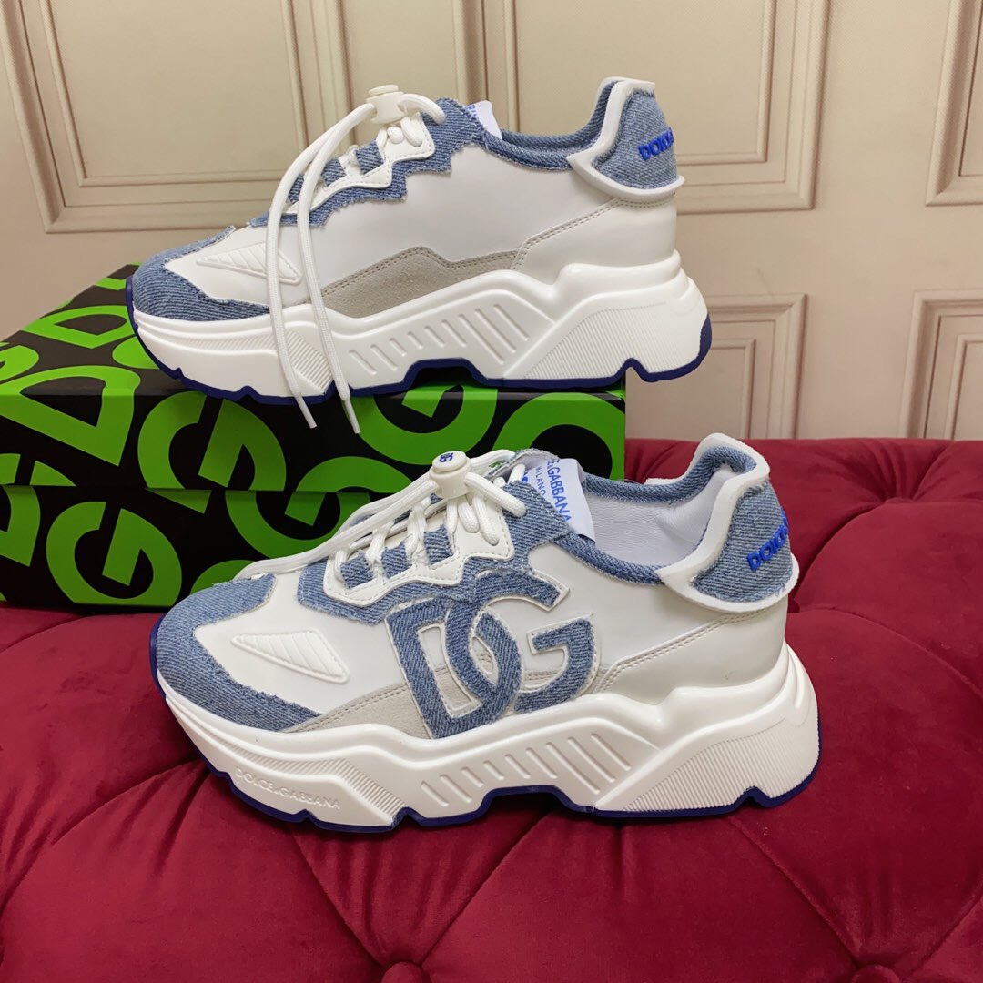 2025 Unisex Dolce & Gabbana White Blue Silk Leather Sneakers Exclusive Craft LY00330(F)/LY00340(M)
