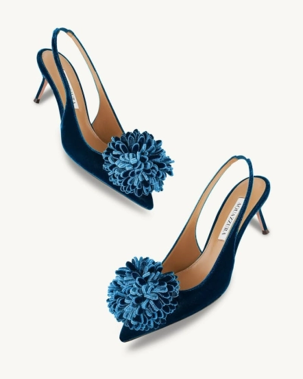 2025 Women Aquazzura Deep Blue Velvet Slingback Pom Pom Pumps KFY00320