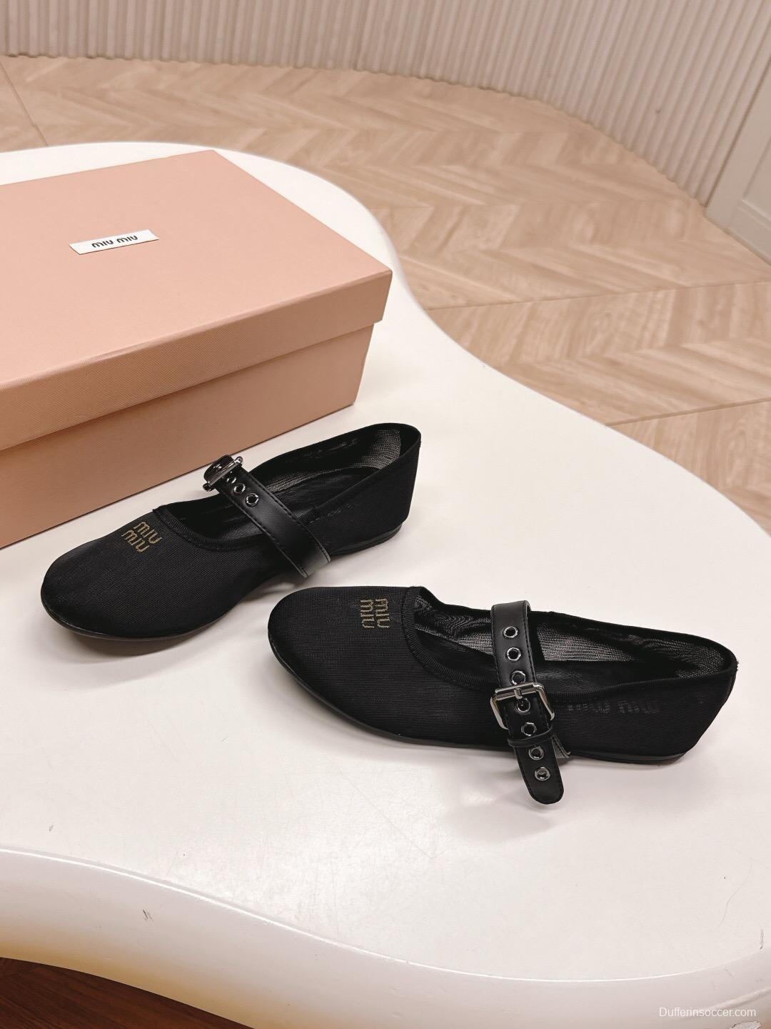 2025 Women Miu Miu Black Mesh Leather Ballet Flats LY00230