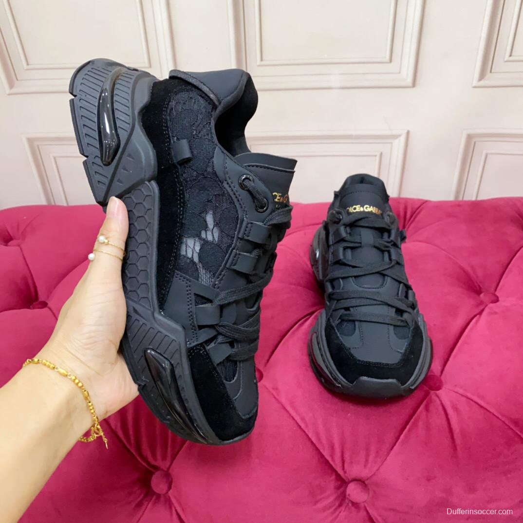 2025 Unisex Dolce & Gabbana Black Mesh Leather Sneakers LY00340