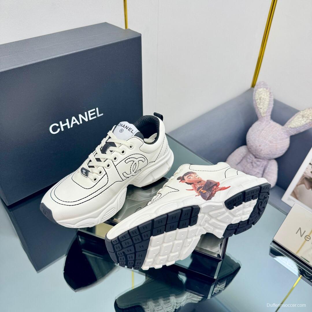 2025 Women Chanel White Leather Sneakers Cartoon Graphic