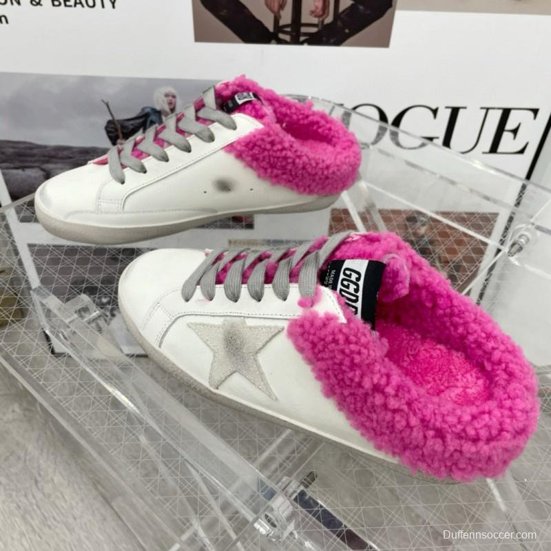 2025 Women GGDB White Pink Shearling Leather Sneakers