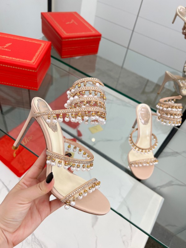 2025 Women RC Champagne Leather Crystal Pearl High Heel Sandal LY00360