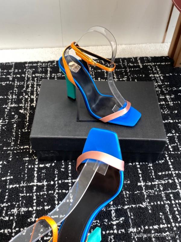 2025 Women Yves Saint Laurent Blue Orange Pink Leather Suede High Heel Sandals