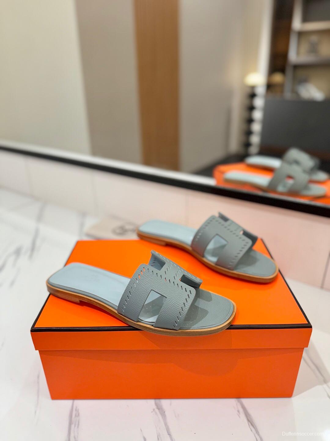 2025 Women Hermès Gray Leather Slippers H Style