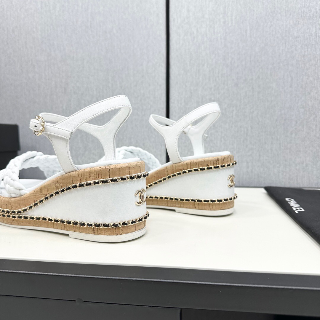 2025 Women Chanel White Leather Wedge Sandals