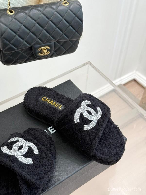 2025 Women Chanel Black Terry Cloth Slippers KFY00220