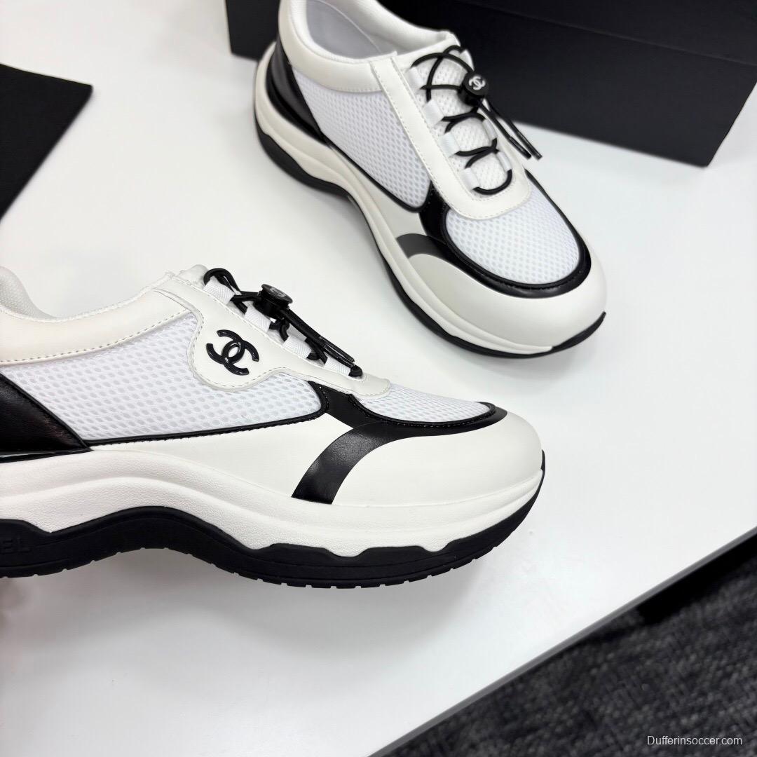 2025 Unisex Chanel White And Black Silk Leather Panda Sneakers With Embroidery Detail CHN2025