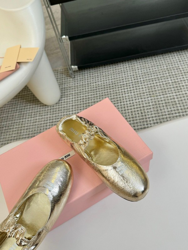2025 Women Miu Miu Gold Leather Ballet Flats