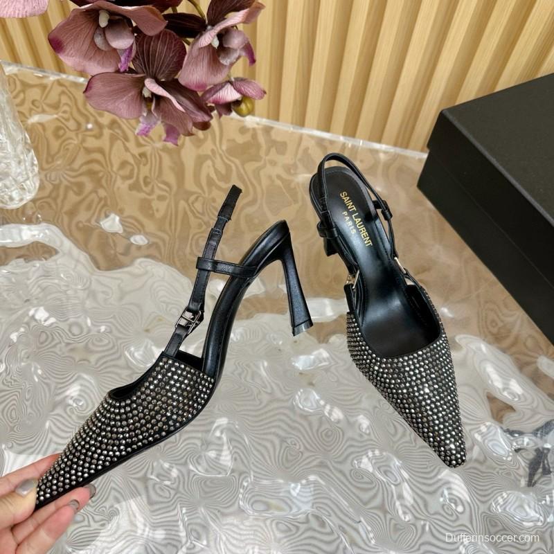 2024 Women Yves Saint Laurent Black Silk Slingback Pumps Crystal Embellishment MJ00320
