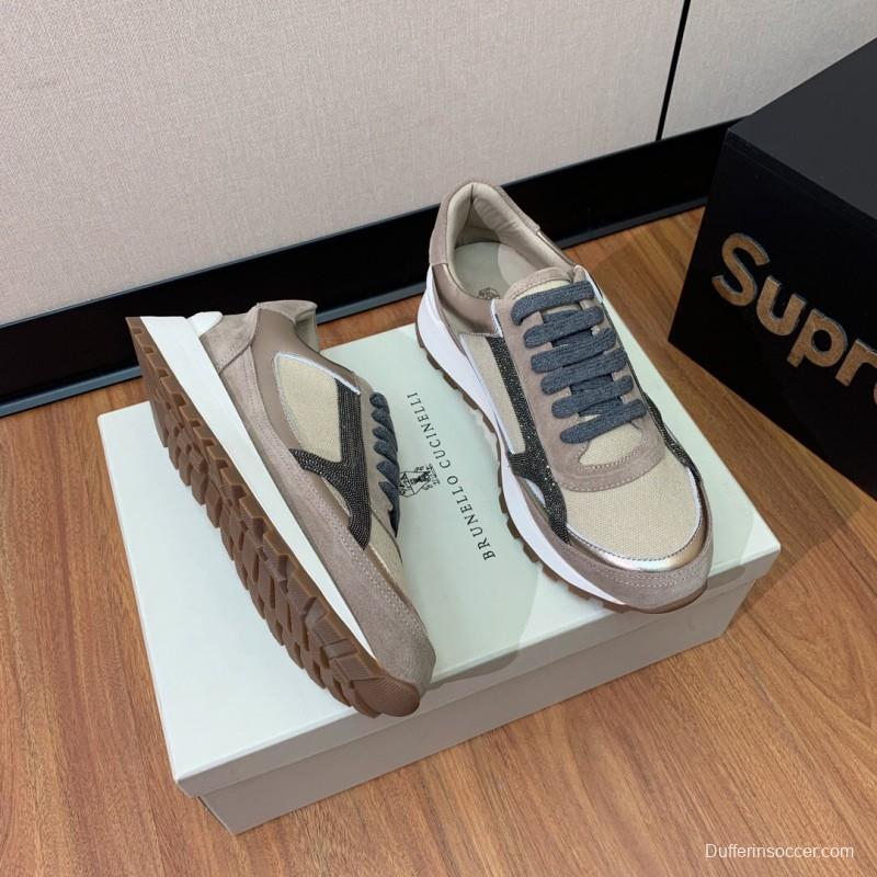 2025 Unisex Brunello Cucinelli Beige Grey Suede Mesh Sneakers LY