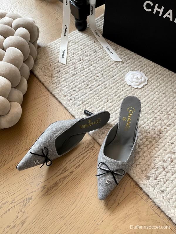 2025 Women Chanel Grey Fabric Pointed Toe Mules KFY00290