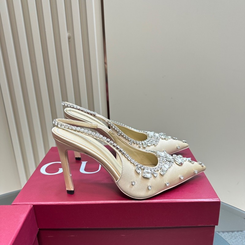 2025 Women Gucci Beige Silk Crystal Embellished Slingback Heels KFY00340