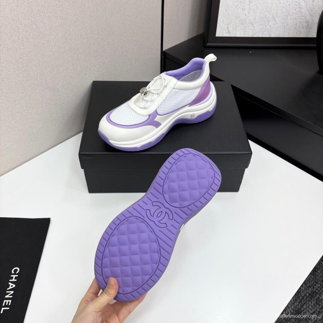 2025 Women Chanel White And Purple Leather And Mesh Casual Sneakers Chunky Sole Classic Logo LY00360(F)