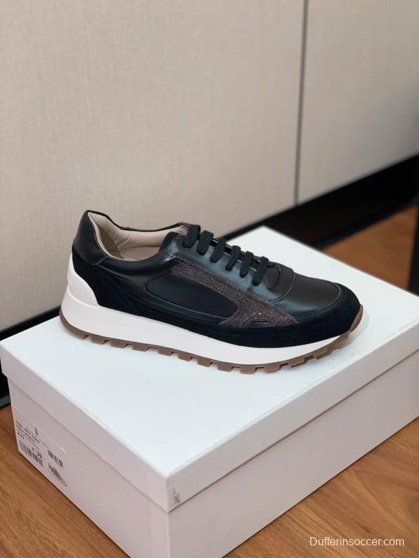 2025 Unisex Brunello Cucinelli Black Brown Leather Suede Sneakers LY