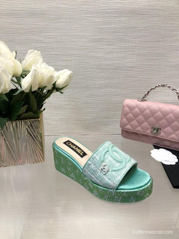 2025 Women Chanel Green Turquoise Tweed Platform Slippers LY00320