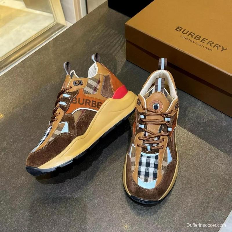 2025 Unisex Burberry Brown Beige Suede Leather Mesh Sneakers Checked Pattern MX00380