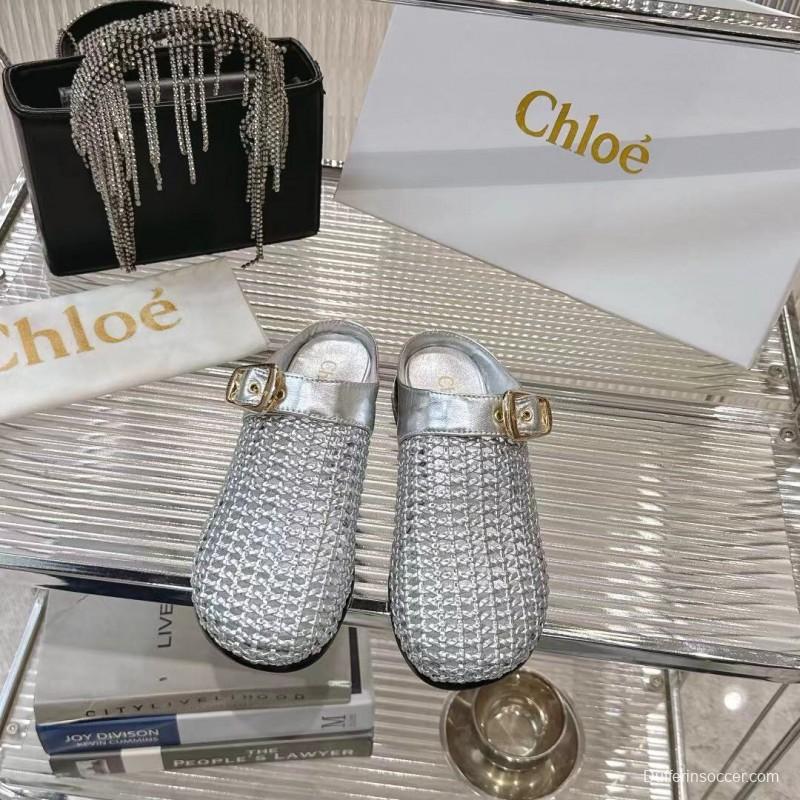 2025 Women Chloé Silver Leather Woven Slippers