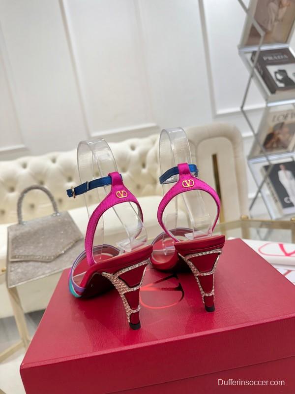 2025 Women Valentino Red Blue Green Pink Leather Suede High Heel Sandals LY00310