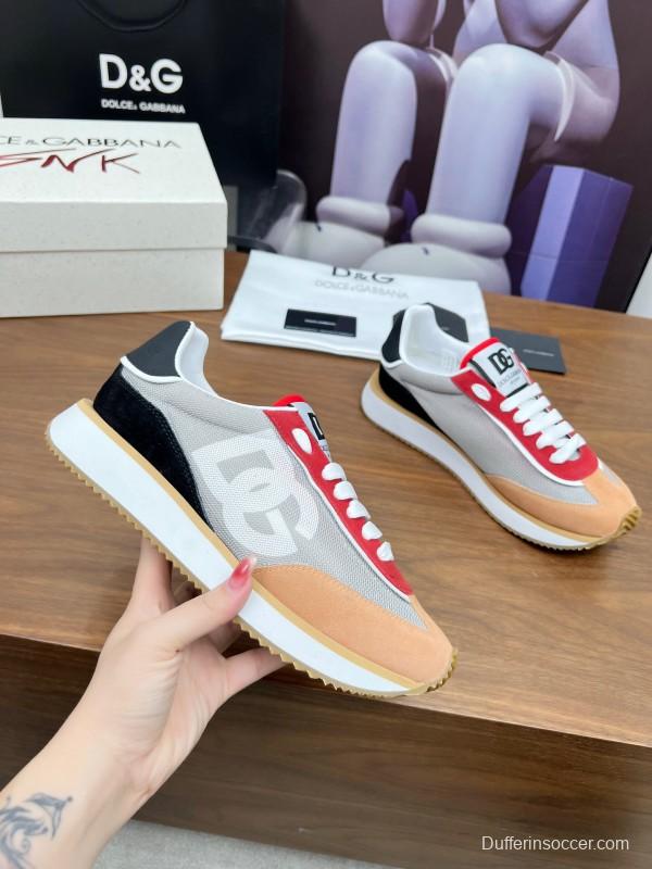 2025 Unisex Dolce & Gabbana Gray Red Beige PU Leather Mesh Sneakers LY00300