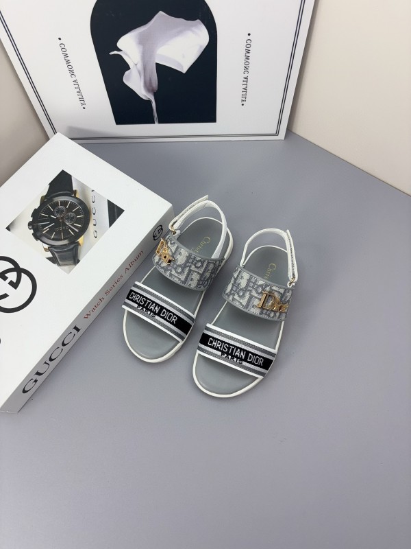 2025 Kids Dior Gray Black Canvas Leather Sandals