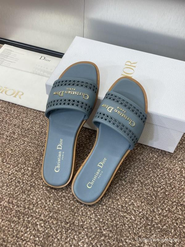 2025 Women Dior Blue Leather Slippers KFY00300