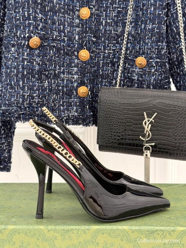 2025 Women Gucci Black Patent Leather Slingback High Heel Chain Detail