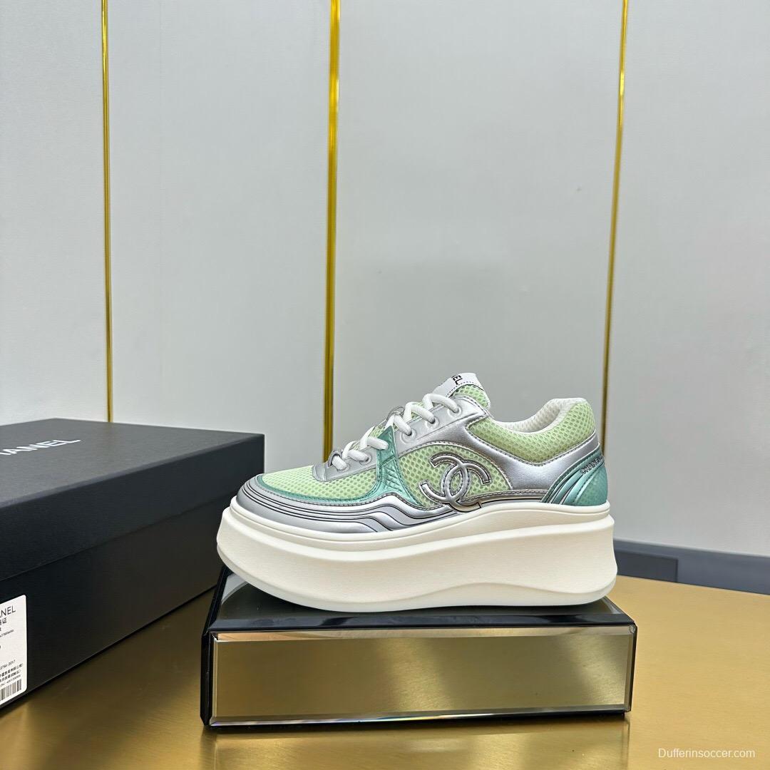 2025 Women Chanel Green Silver Mesh Leather Platform Sneakers
