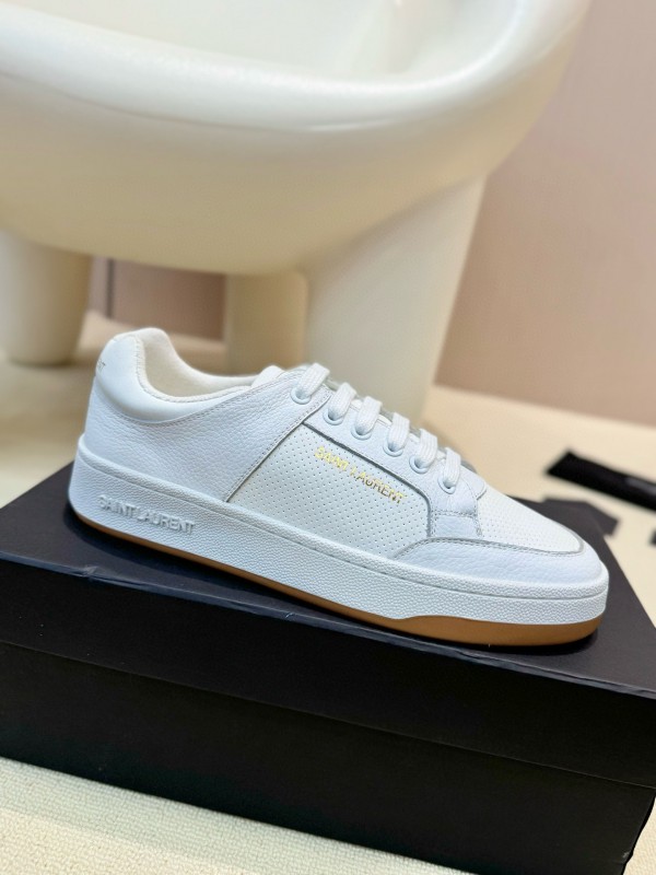2024 Unisex Yves Saint Laurent White Silk Leather Sneakers Gold Hole Punch MJ00350