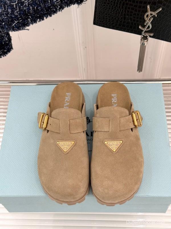 2025 Women Prada Beige Suede Clogs Buckle KFY00280