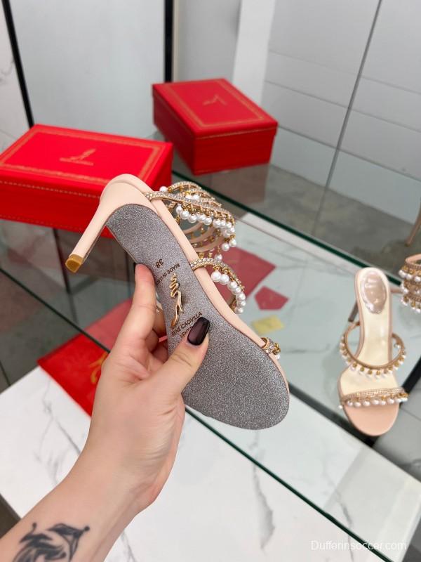 2025 Women RC Champagne Leather Crystal Pearl High Heel Sandal LY00360