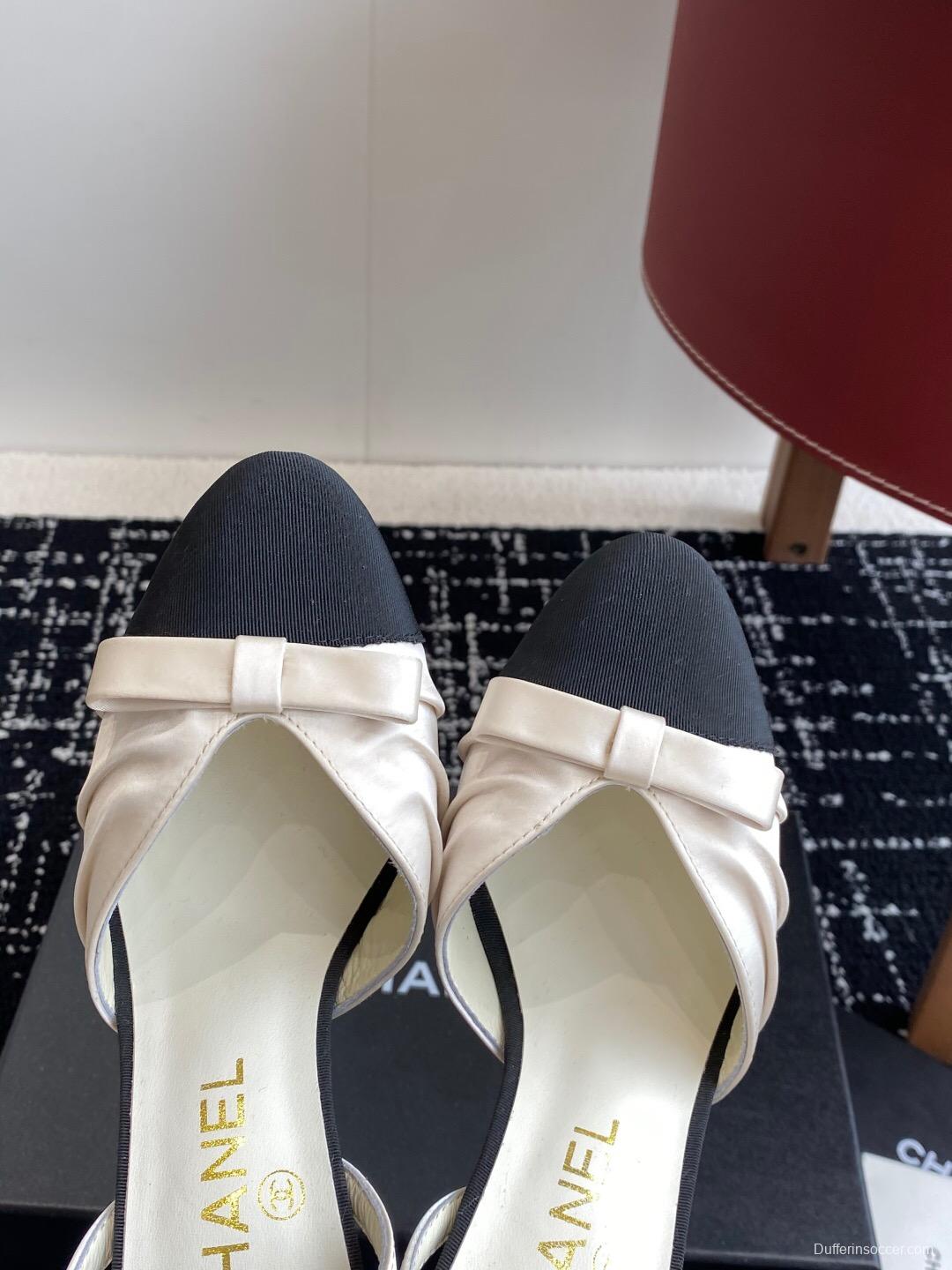 2025 Women Chanel Black White Satin Leather Slingback Heels