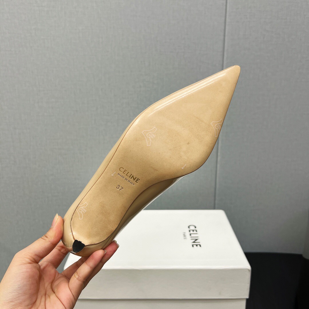 2025 Women Celine Beige Patent Leather Pointed Toe Heel Metal Ornament KFY00290