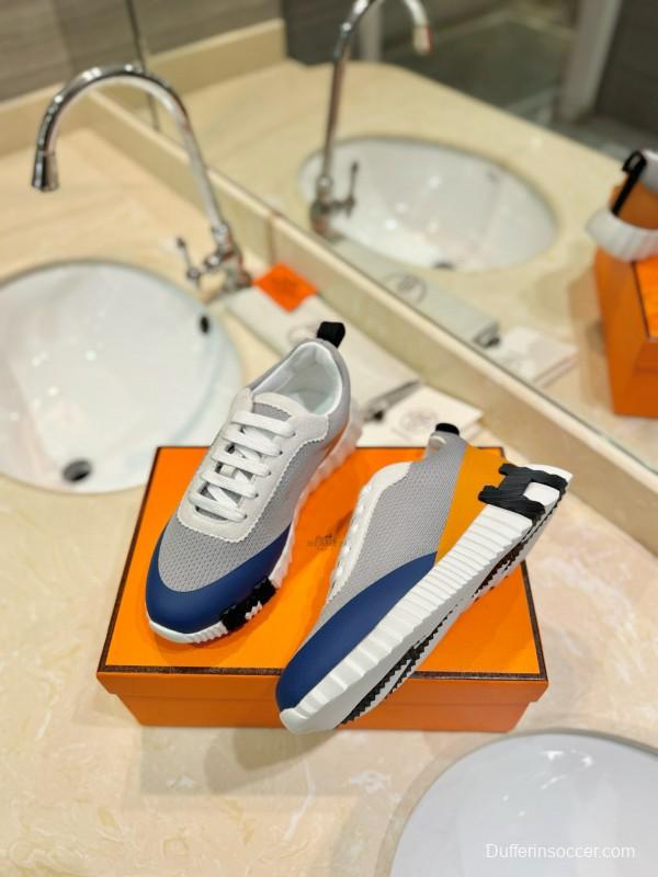 2024 Unisex Hermès Blue Grey Orange Suede Rain Cloth Sneakers MJ00320