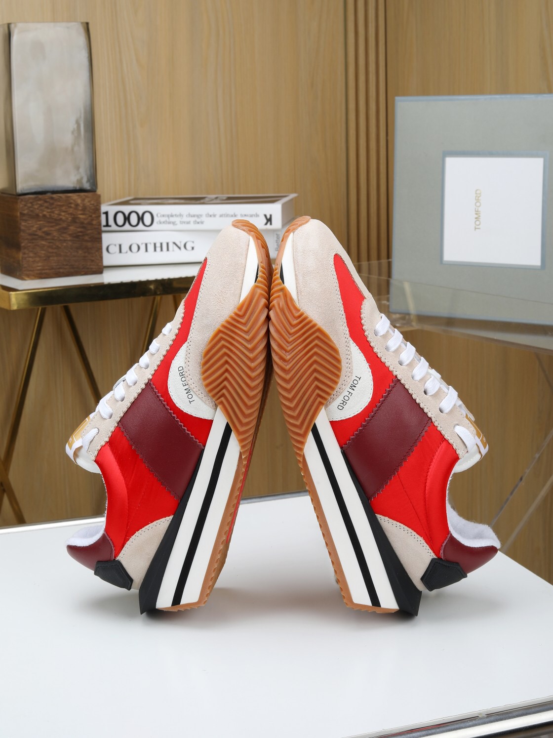 2025 Unisex TOM FORD Red Burgundy White Suede Leather Sneakers LY00360(F)/LY00370(M)
