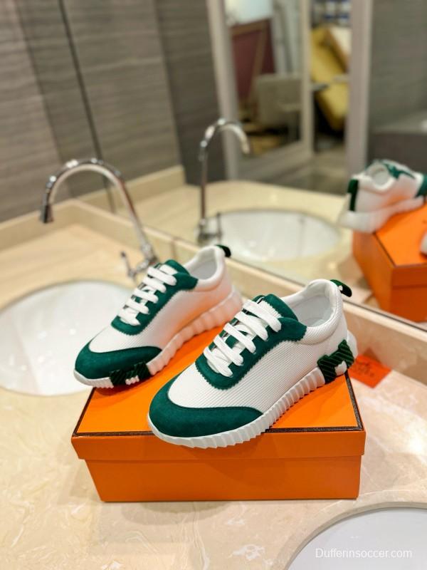2024 Unisex Hermès White Green Mesh Suede Sneakers MJ00320