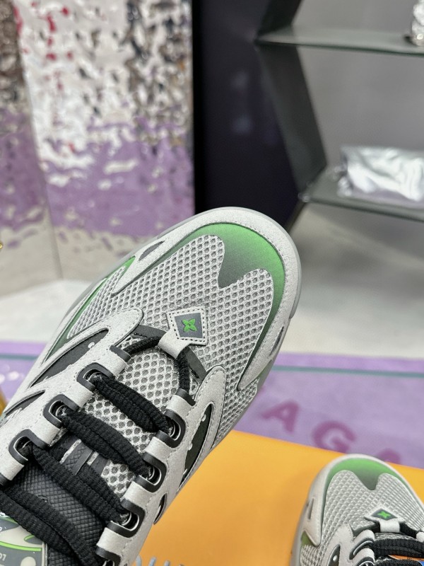 2025 Men Louis Vuitton Green Grey Mesh Leather Sneakers MJ00420