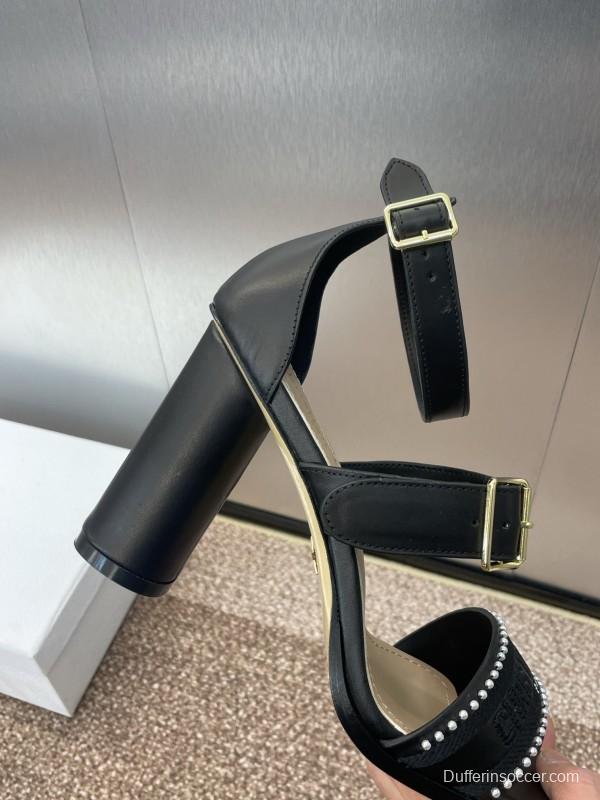 2025 Women Dior Black Leather High Heel Sandals Studded KFY00320