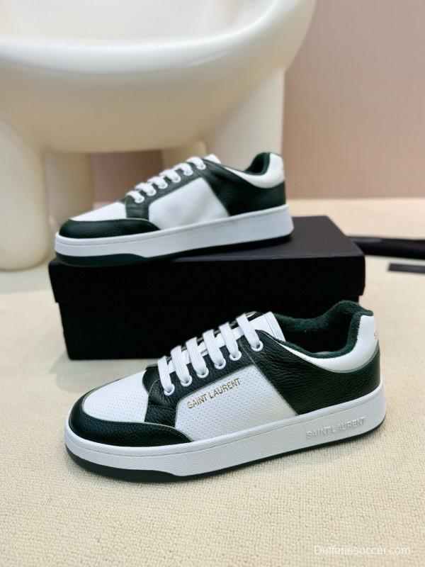 2024 Unisex Yves Saint Laurent White Dark Green Leather Silk Cowhide SL61 Casual Shoes Perforation MJ00350
