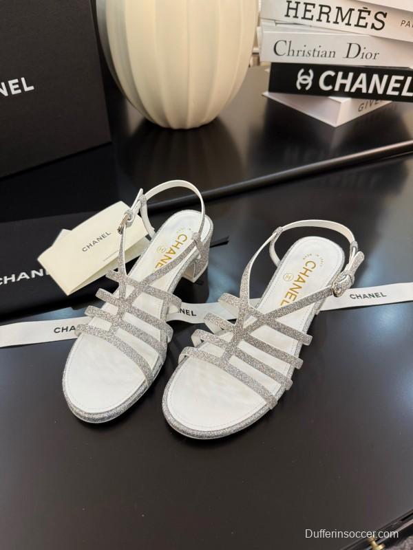 2025 Women Chanel White Synthetic Leather Sandals