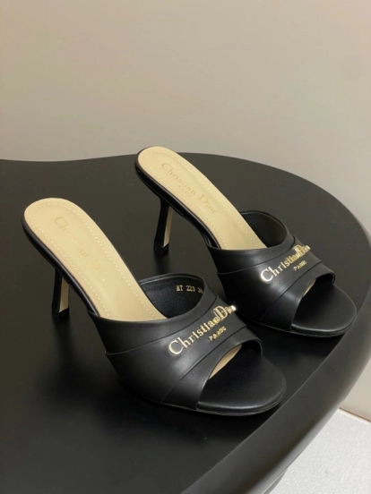 2025 Women Dior Black Leather High Heel Mules