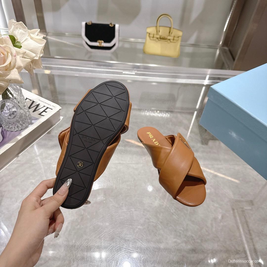 2025 Women Prada Brown Leather Slippers