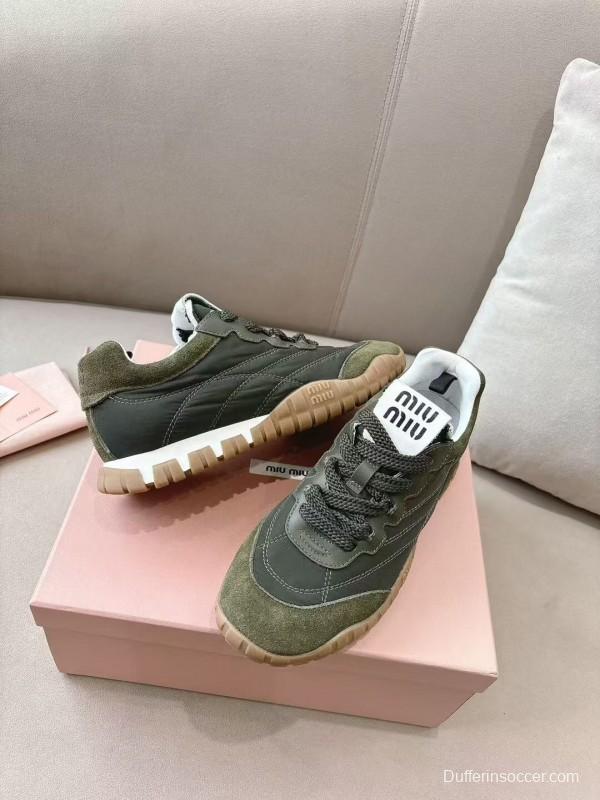 2025 Women Miu Miu Olive Green Suede Leather Sneakers KFY00280